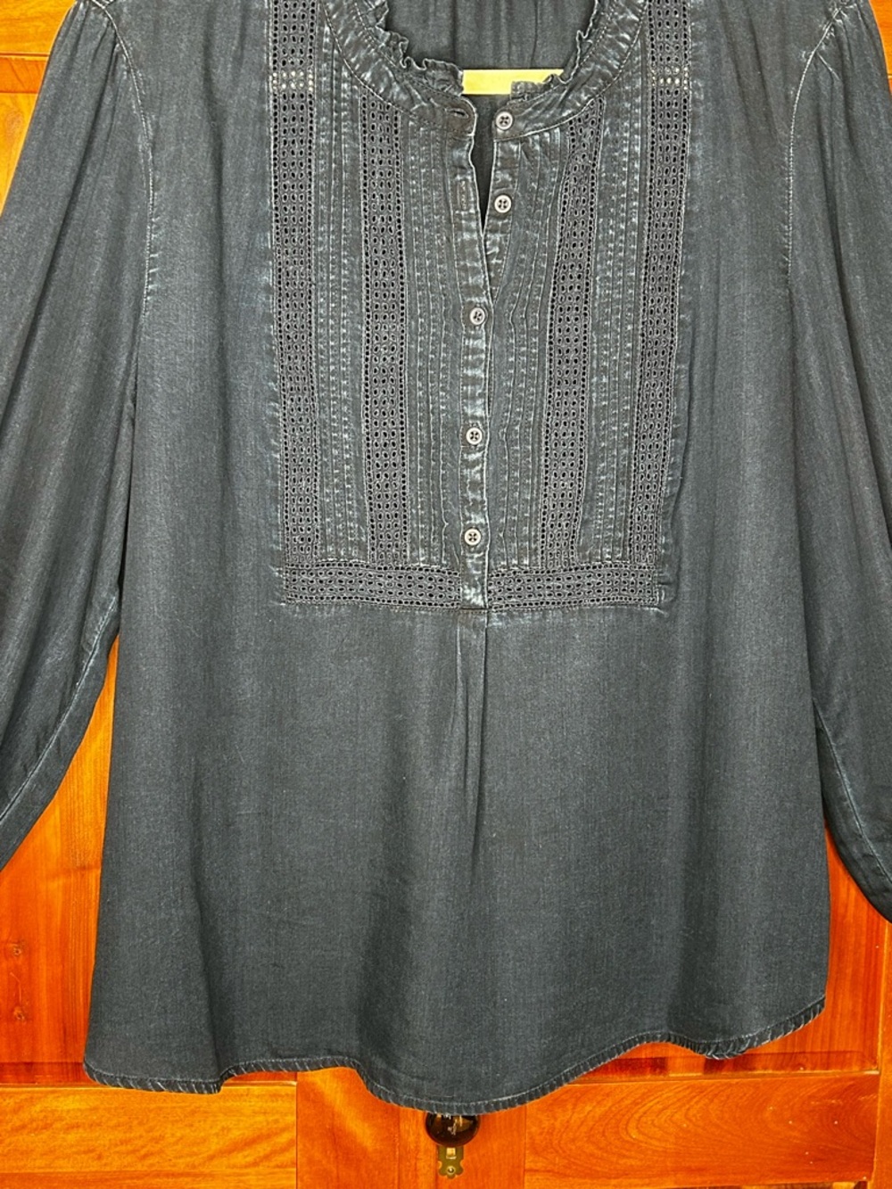 Chambray Embroidered Lace Cutwork Yoke Long Sleeve Blouse Peasant Cottagecore - Picture 5 of 14